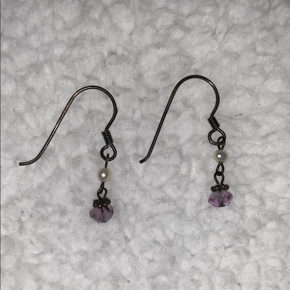 Amethyst/Pearl Bead Black Dangle Wire Earrings